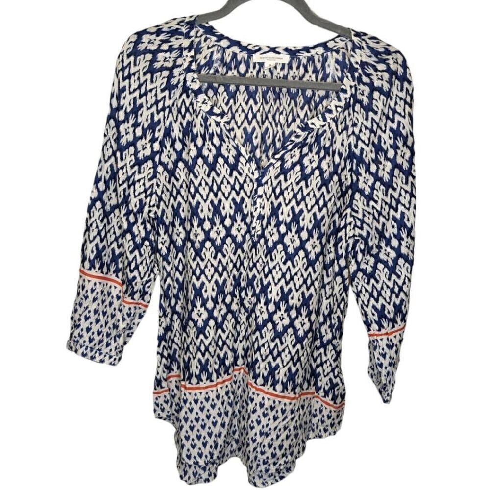 Beach Lunch Lounge Blue and White Tunic Blouse Size Large 3/4 Sleeve Pull Over w